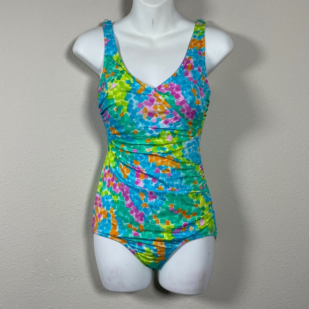 Vintage Sea Waves One Piece Swimsuit Women 6 Colorful Ruched 90s Tropical Resort